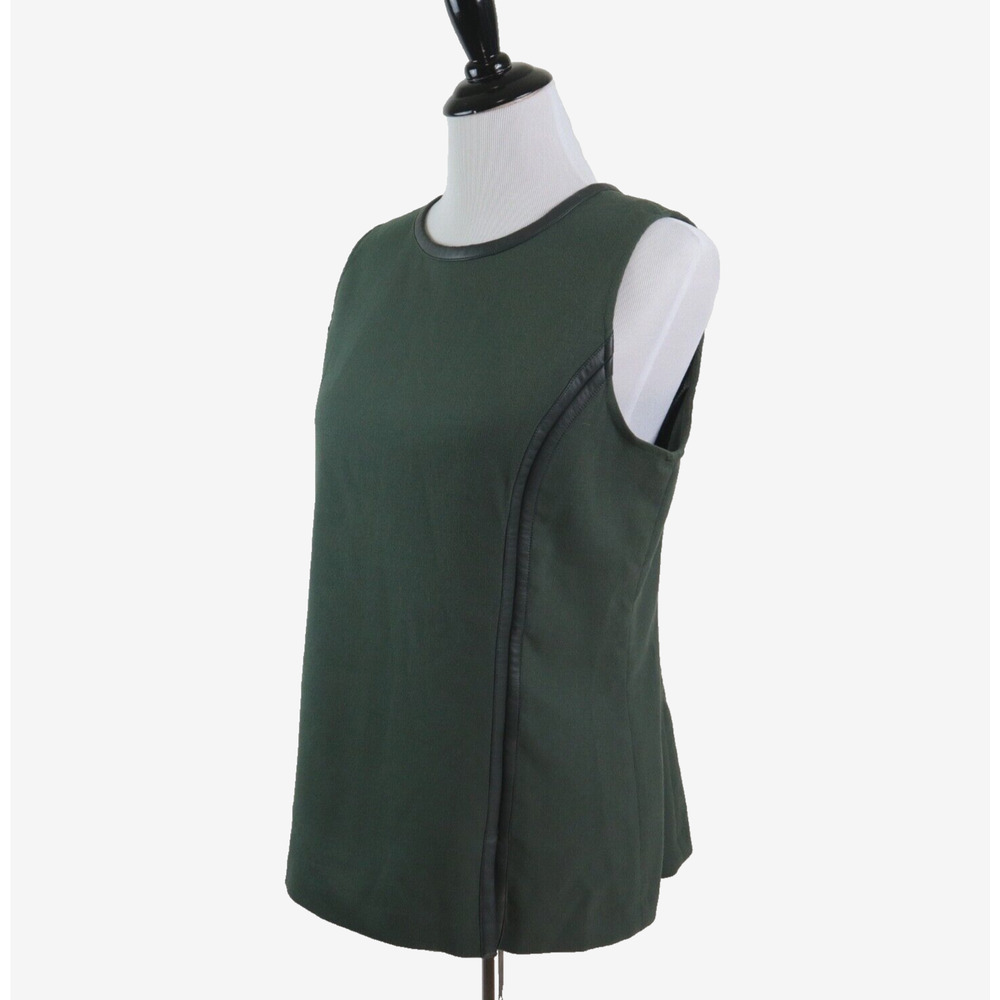 Ann Taylor Size 8 Faux Leather Trim Sleeveless Top Dark Olive Noir